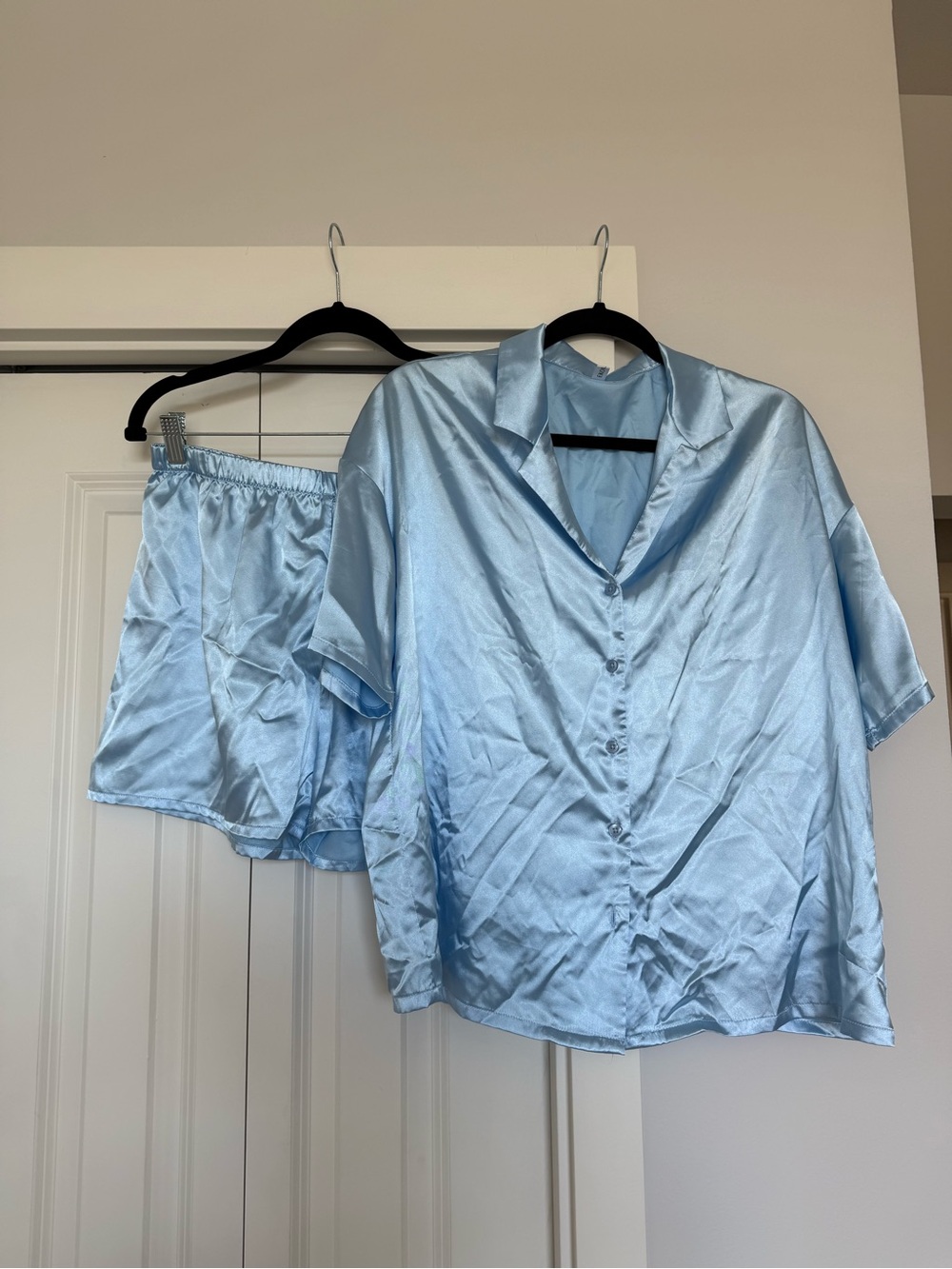 Amazon Women's Satin Short Sleeve Pajama Set in Light Blue